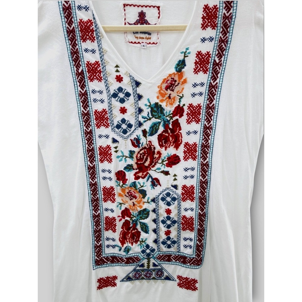 Johnny Was - JW Los Angeles Embroidered T-Shirt Dress S Boho Floral Cotton White - Picture 3 of 11